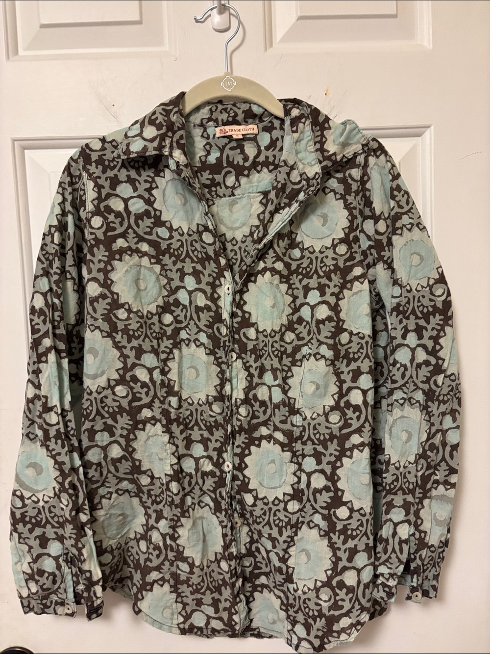 100% Cotton Batik Boho Block Print Floral Print Button-Down Shirt Size Small S